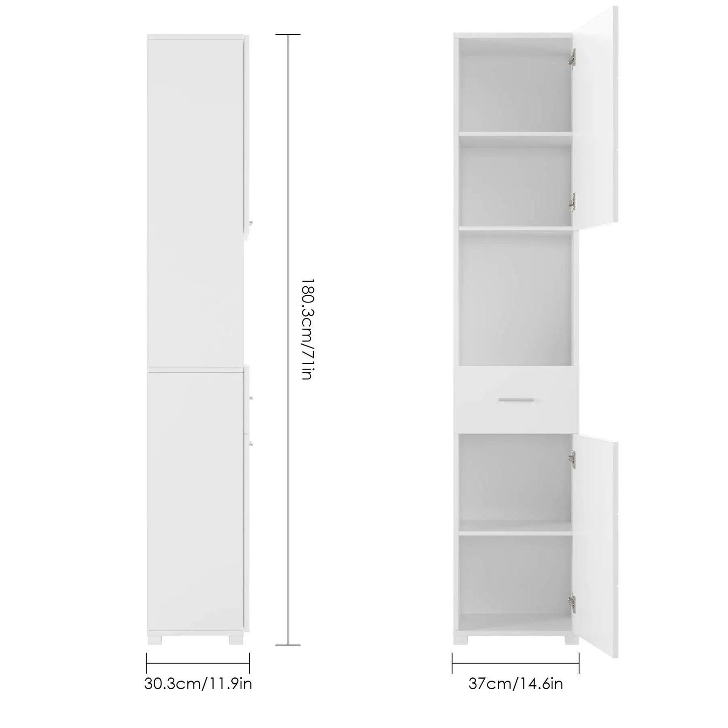 Getone Tall Bathroom Cabinet, Bathroom Storage Unit, Freestanding Cupboard, Slim Tallboy with Drawer and 2 Doors, White Wooden 37x30x180cm - Buy Cheaply Furniture