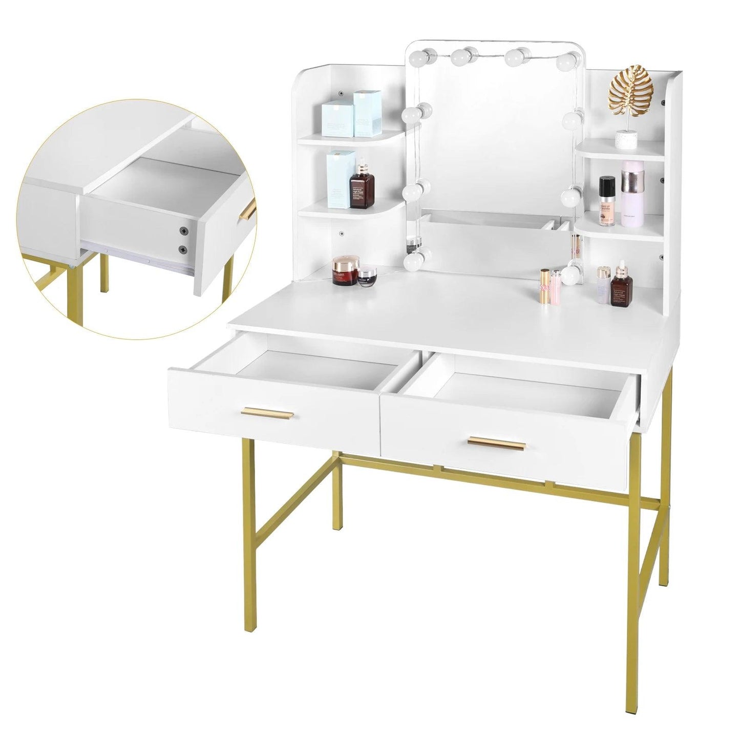 White Gold Vanity Desk with Mirror LED Lighting 2 Drawers Modern Dresser Dressing Table Makeup Table for Bedroom Household Home - Buy Cheaply Furniture