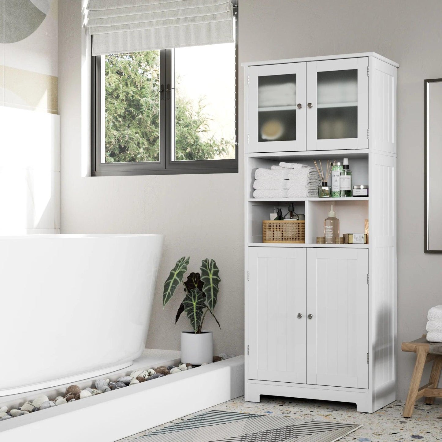 Bathroom wardrobe bathroom wardrobe with open compartment and 4 doors wood kitchen wardrobe with adjustable floor White 147.5x60 - Buy Cheaply Furniture