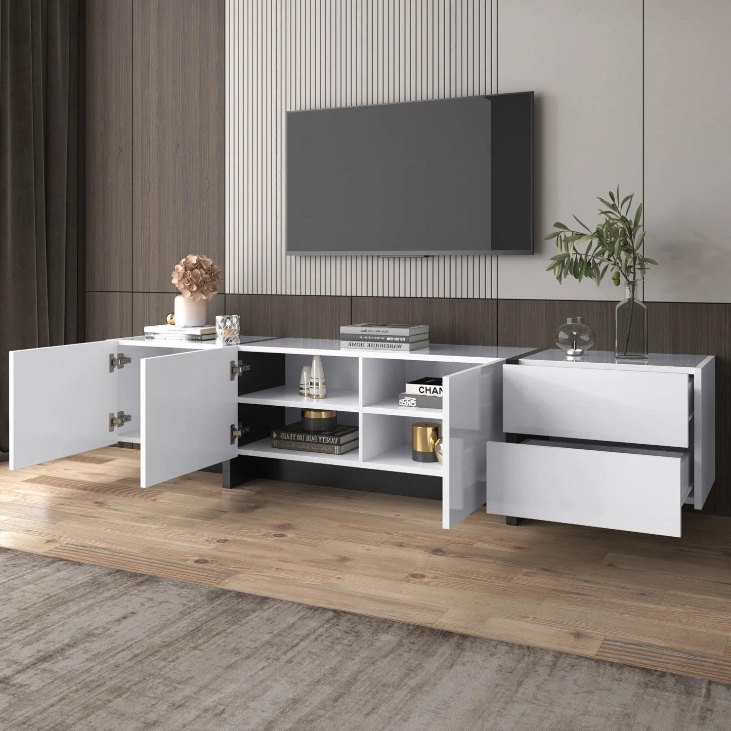 High Gloss White Black Color-Blocked Legs TV Wardrobe Lowboard Panel Drawers Shelves Simple Line Design - Buy Cheaply Furniture