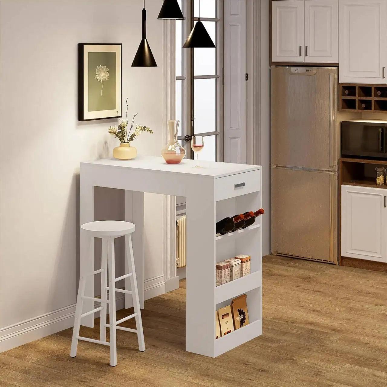 Bar table, with 1 drawer, 3 shelves, with wine rack, kitchen table, white - Buy Cheaply Furniture