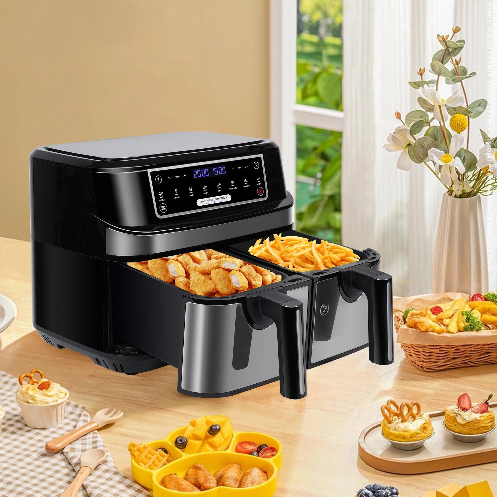 Hot Air Fryer Double Chamber 9 Litres XXL Air Fryer with 2 Independent 4.5L Drawers 8 Automatic Programmes with LED Touch Screen - Buy Cheaply Furniture