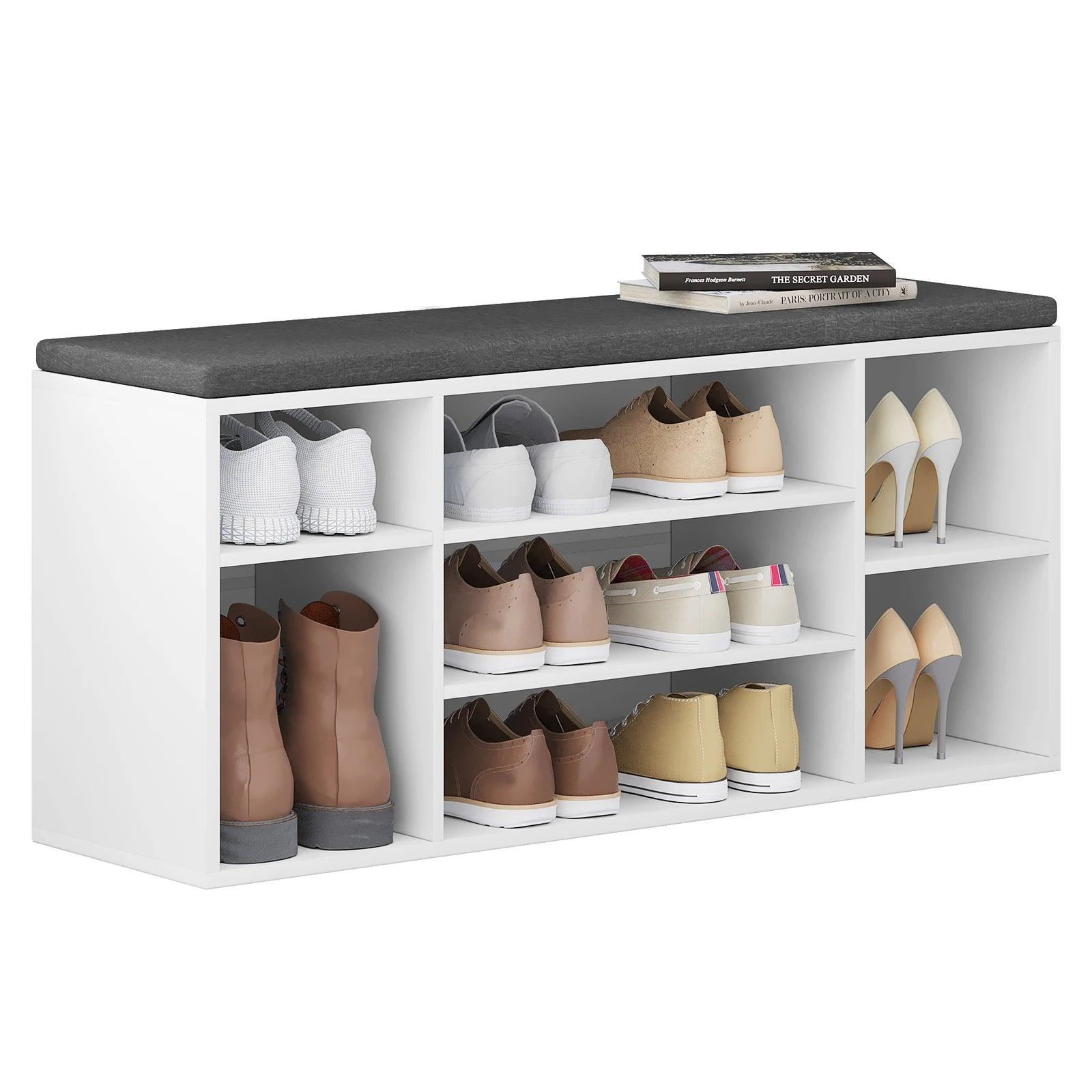 Shoe Storage Bench 103.5x30x48cm Hallway Shoe Cabinet 7 Compartment Freestanding White Chipboard Shelf with Gray Fabric Cushion - Buy Cheaply Furniture