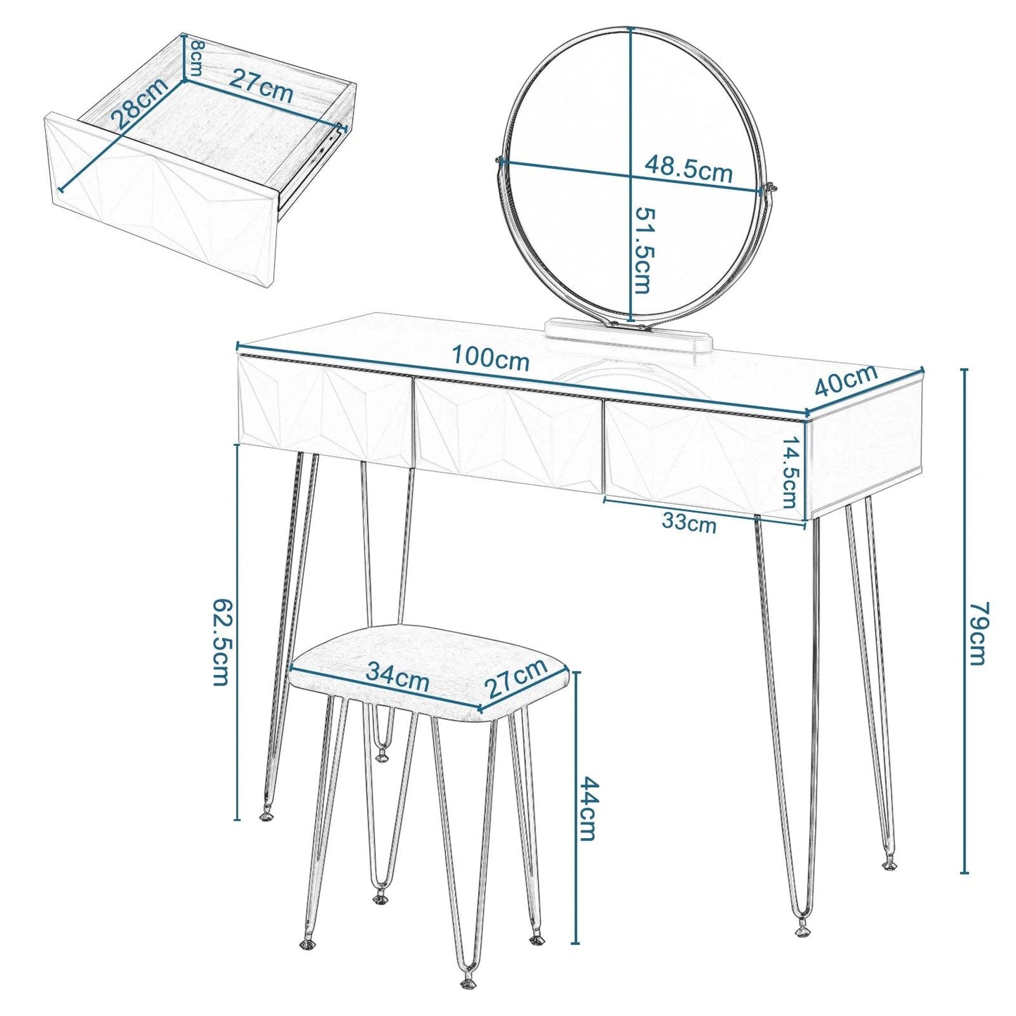 1SET White Gold Dressing Table with 360° Swivel Mirror 3 Drawers 3D Effect Velvet Stool Cosmetic Makeup Vanity Table for Bedroom - Buy Cheaply Furniture