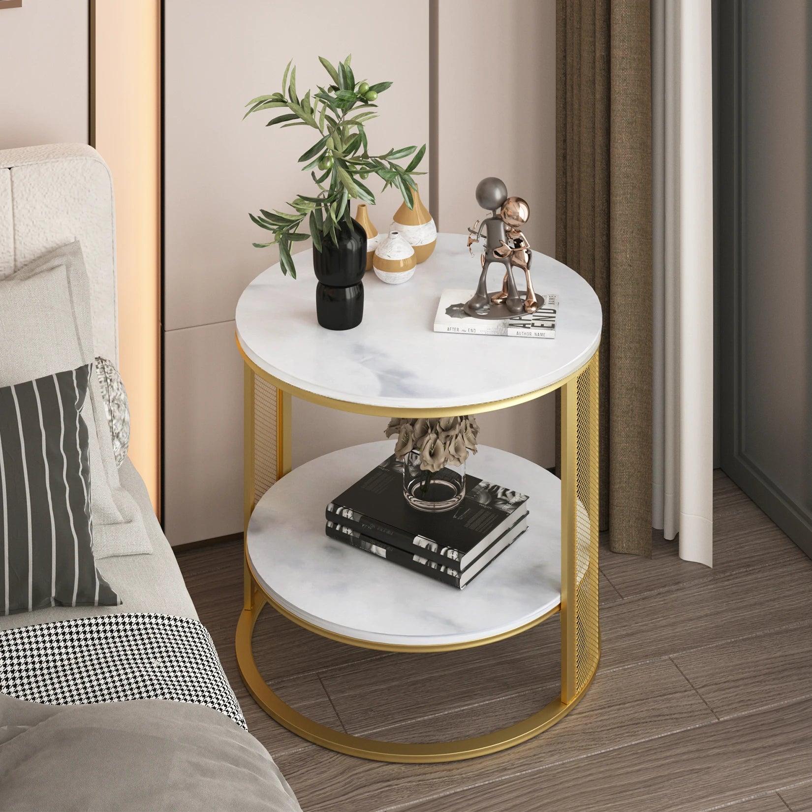 2 Tier Marble Effect Coffee Table Large Sofa Side End Table Golden Metal Frame - Buy Cheaply Furniture