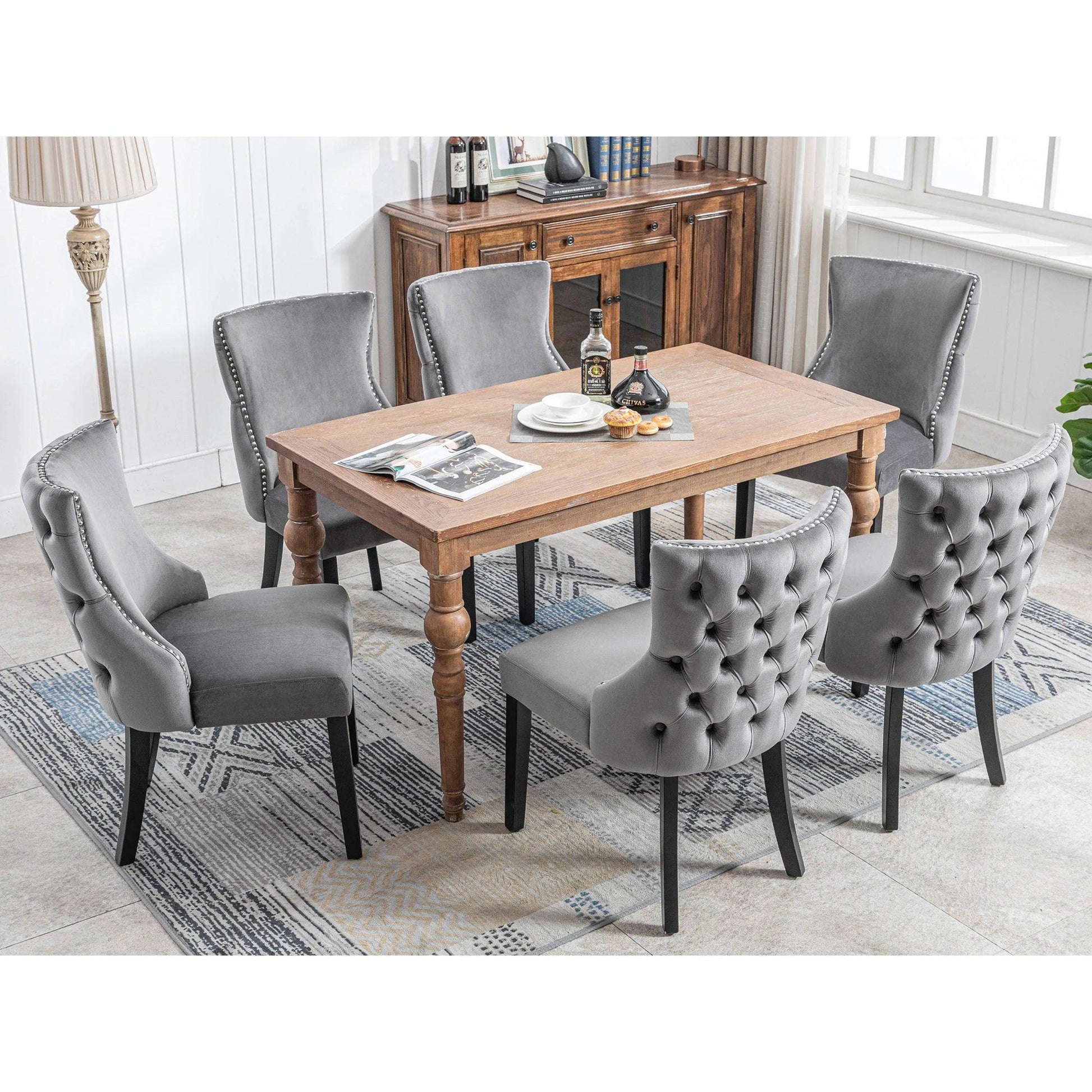 VSOGA 4-foot chair gray velvet dining chair with button carpet solid wood frame Set 6 pieces - Buy Cheaply Furniture