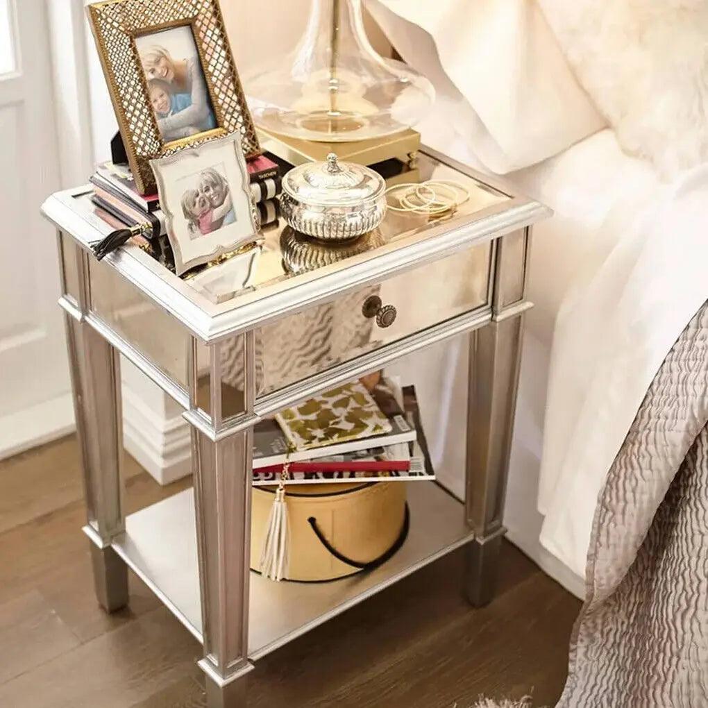 Silver Mirrored End Table for Living Room Bedroom, 2 Tier, Sofa Side, Bedside Cabinet, Nightstand Desk with Drawer - Buy Cheaply Furniture