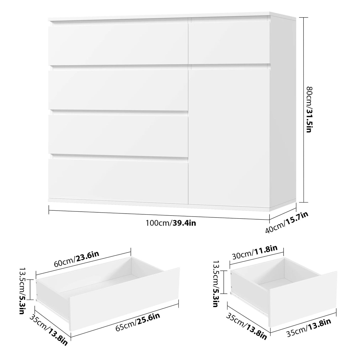 Getone Chest of Drawers Bedroom Wide Chest of Drawers with 5 Drawers 1 Doors, Sideboard Storage Cabinet for Living Room100x80x40cm White/Black - Buy Cheaply Furniture