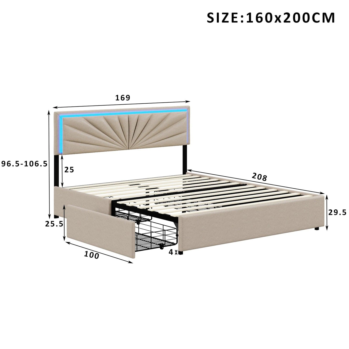 Double Bed, Upholstered Bed 160 x 200 cm, LED Bed Frame, Storage Bed with 4 Drawers and Slatted Frame, Headboard, Youth Bed - Buy Cheaply Furniture