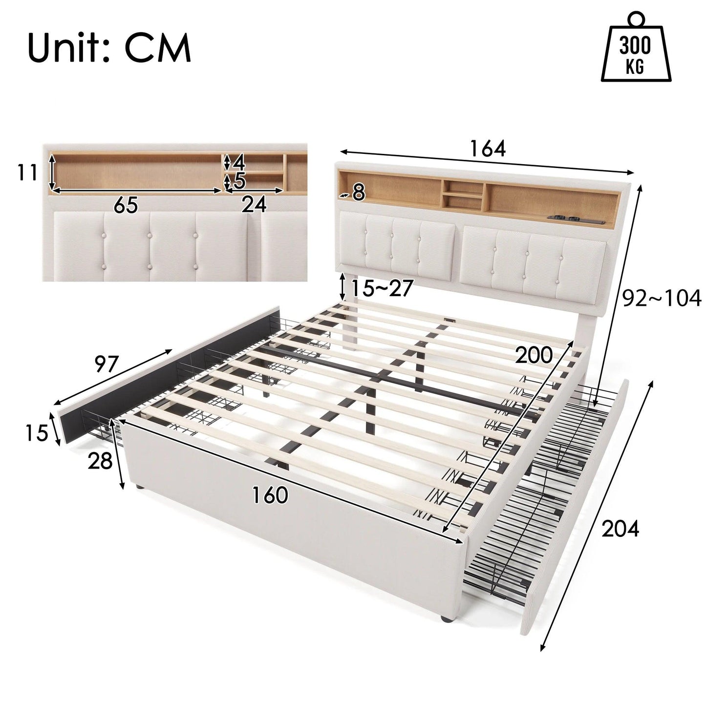 VSOGA 160x200 Cm Double Bed With 4 Drawers And USB C Socket, Upholstered Bed, Height-adjustable Headboard, (mattress Not Included) - Buy Cheaply Furniture