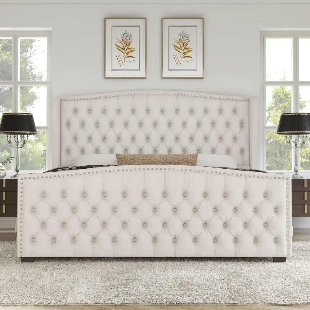 Velvet Upholstered Bed with Deep Button Tufted & Nailhead Trim Wingback Headboard - Buy Cheaply Furniture