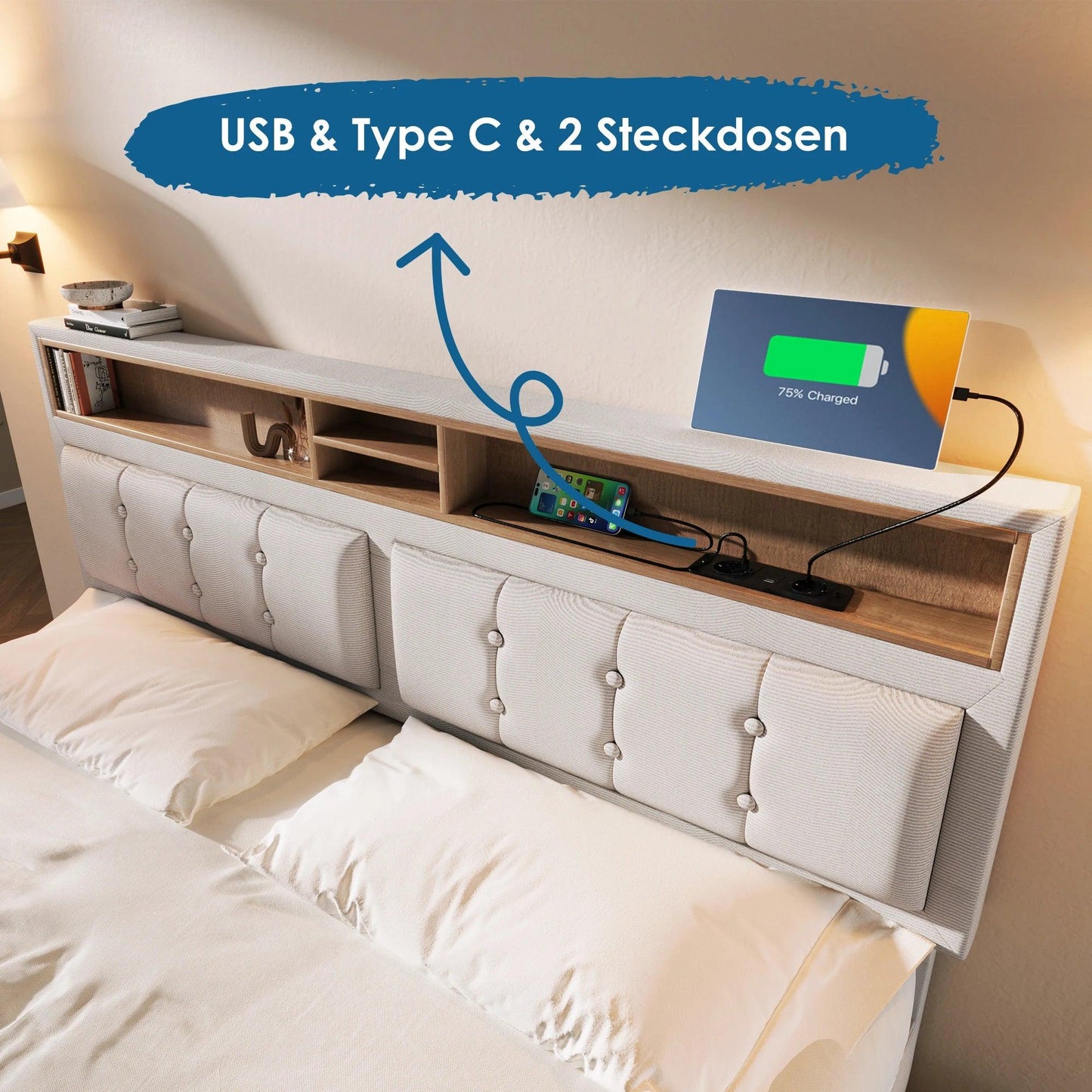 VSOGA 160x200 CM Upholstered Double Bed, Headboard With USB C Socket Charging Function, Storage Space , (mattress Not Included) - Buy Cheaply Furniture