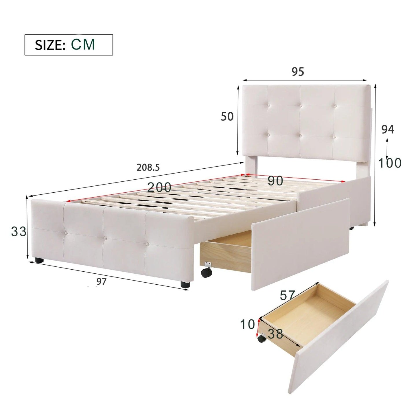 Single Bed, Upholstered Bed, with Slatted Frame, Backrest & 2 Drawers, Skin-Friendly Velvet Fabric, Youth Bed, Beige, 90x200 cm - Buy Cheaply Furniture