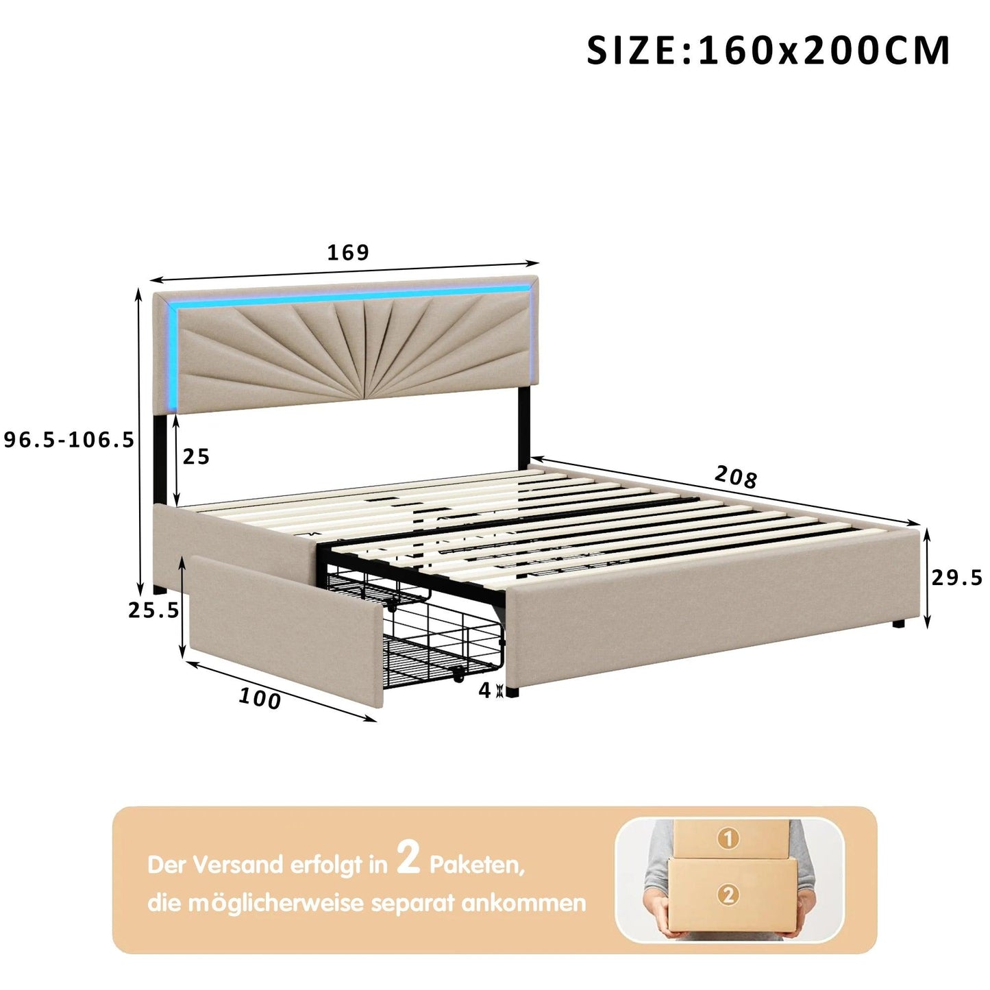 Double Bed, Upholstered Bed 160 x 200 cm, LED Bed Frame, Storage Bed with 4 Drawers and Slatted Frame, Headboard, Youth Bed - Buy Cheaply Furniture