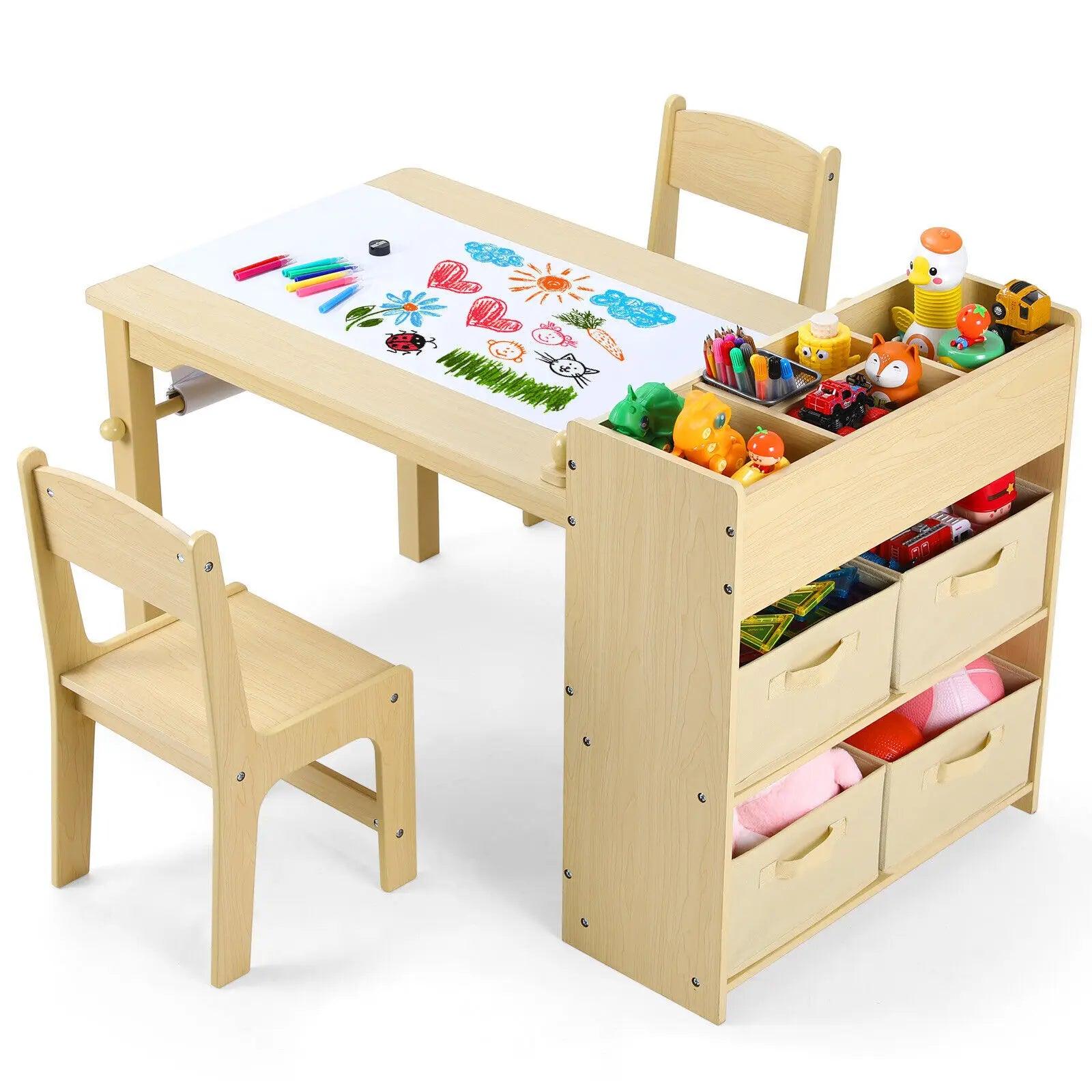 Kids Art Table and Chair Set with 2 Chairs Wooden Craft Table with Storage Shelves, Canvas Bins, Paper Roll, Kids Playroom Table - Buy Cheaply Furniture