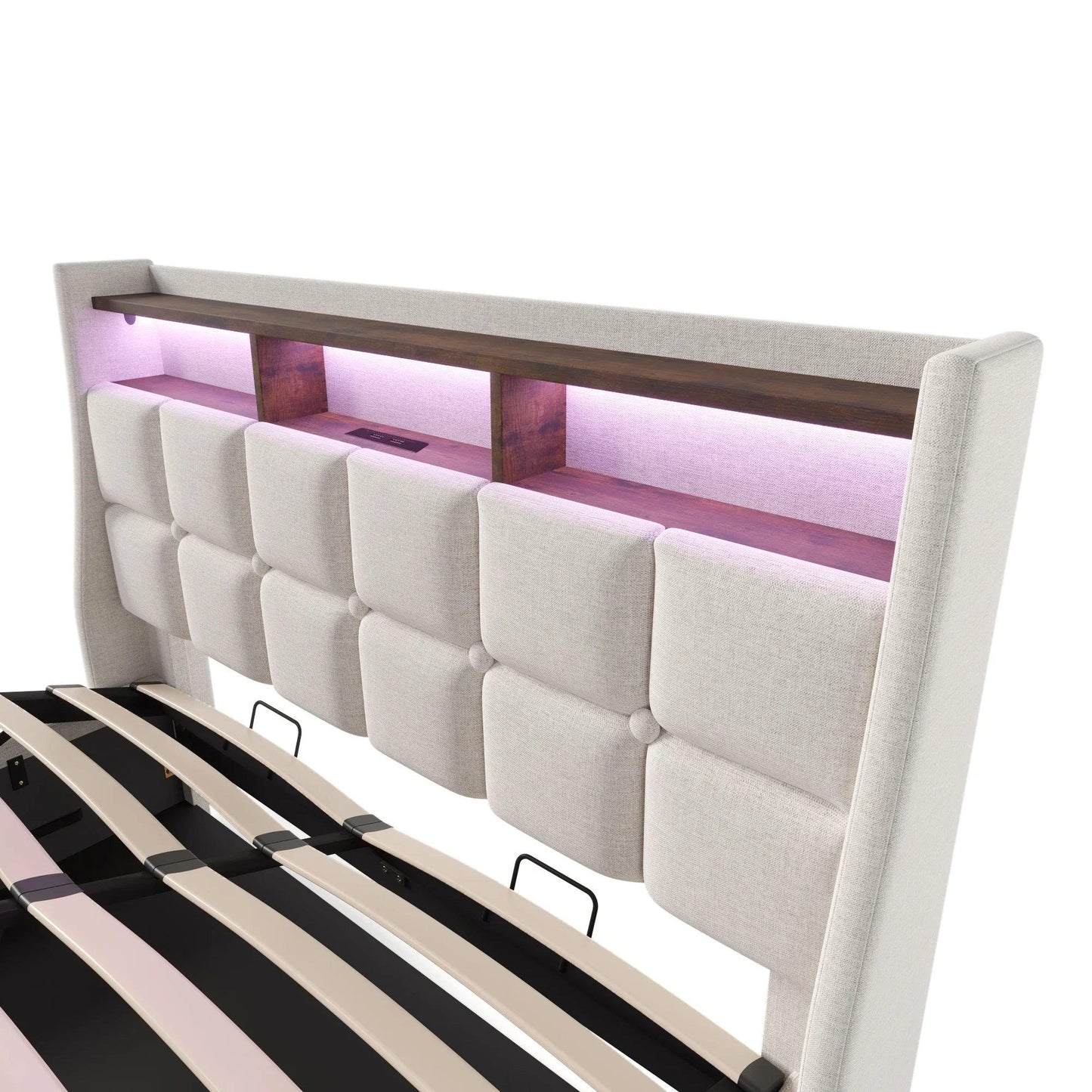 Upholstered Led Bed with USB Metal Slatted Frame (Mattress Not Included) - Buy Cheaply Furniture