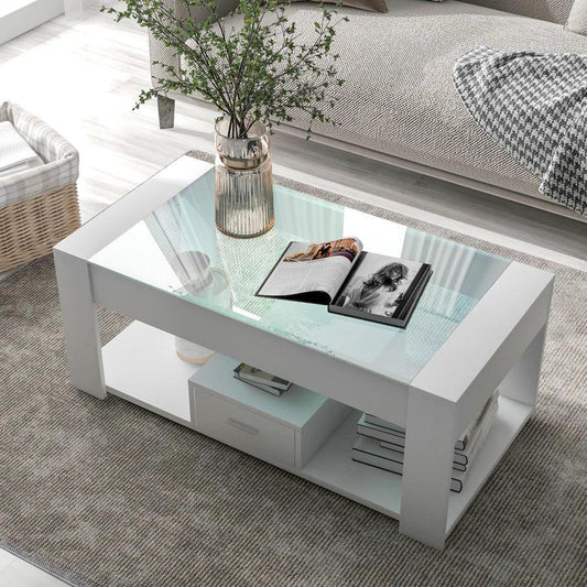 Living room coffee table with glass top, lockers and storage space, white 100 x 50 x 40cm - Buy Cheaply Furniture