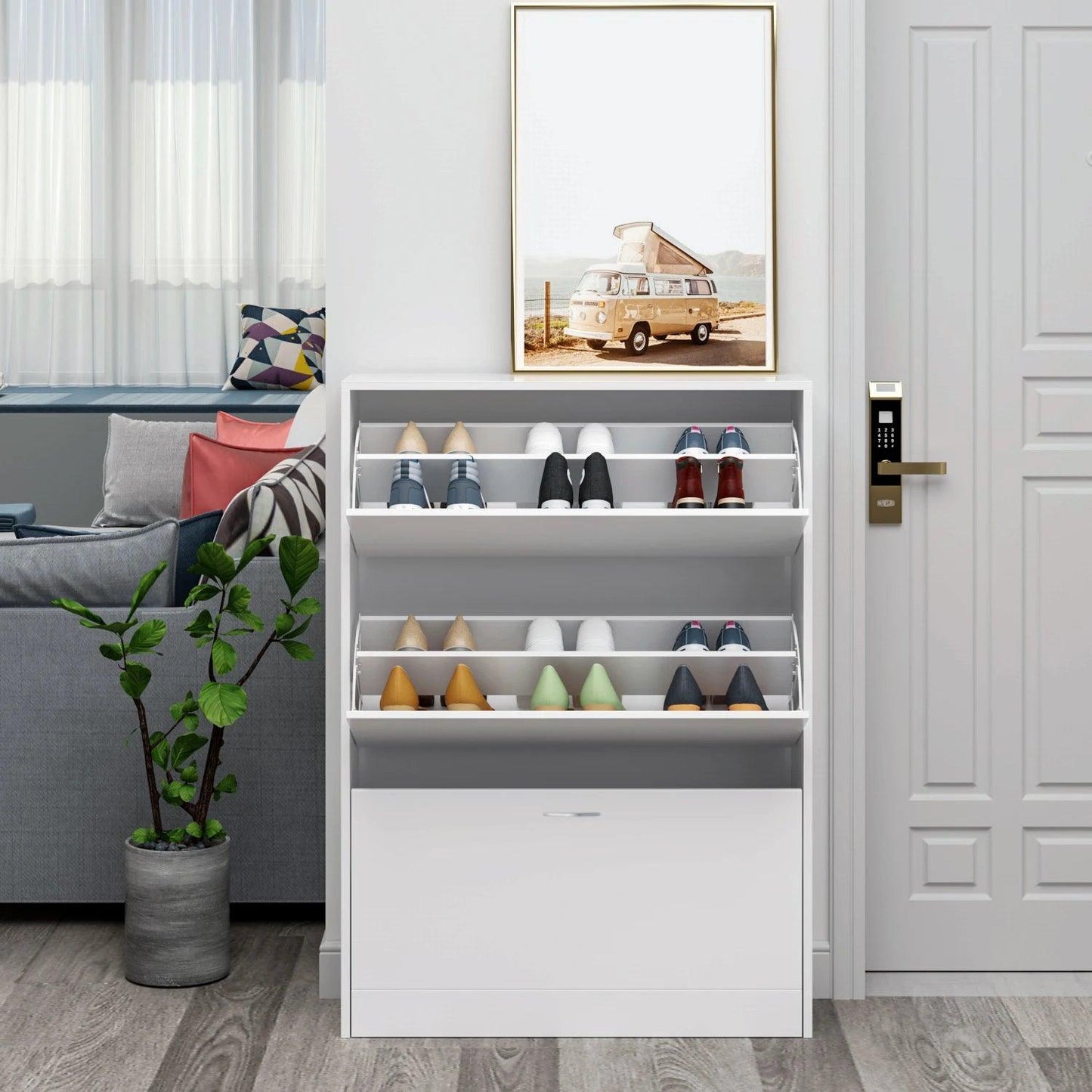 Getone Shoe Cabinet with 3 Doors, Shoe Storage Cupboard, White Shoe Rack Space Saving for Hallway 110x80x23.5cm - Buy Cheaply Furniture