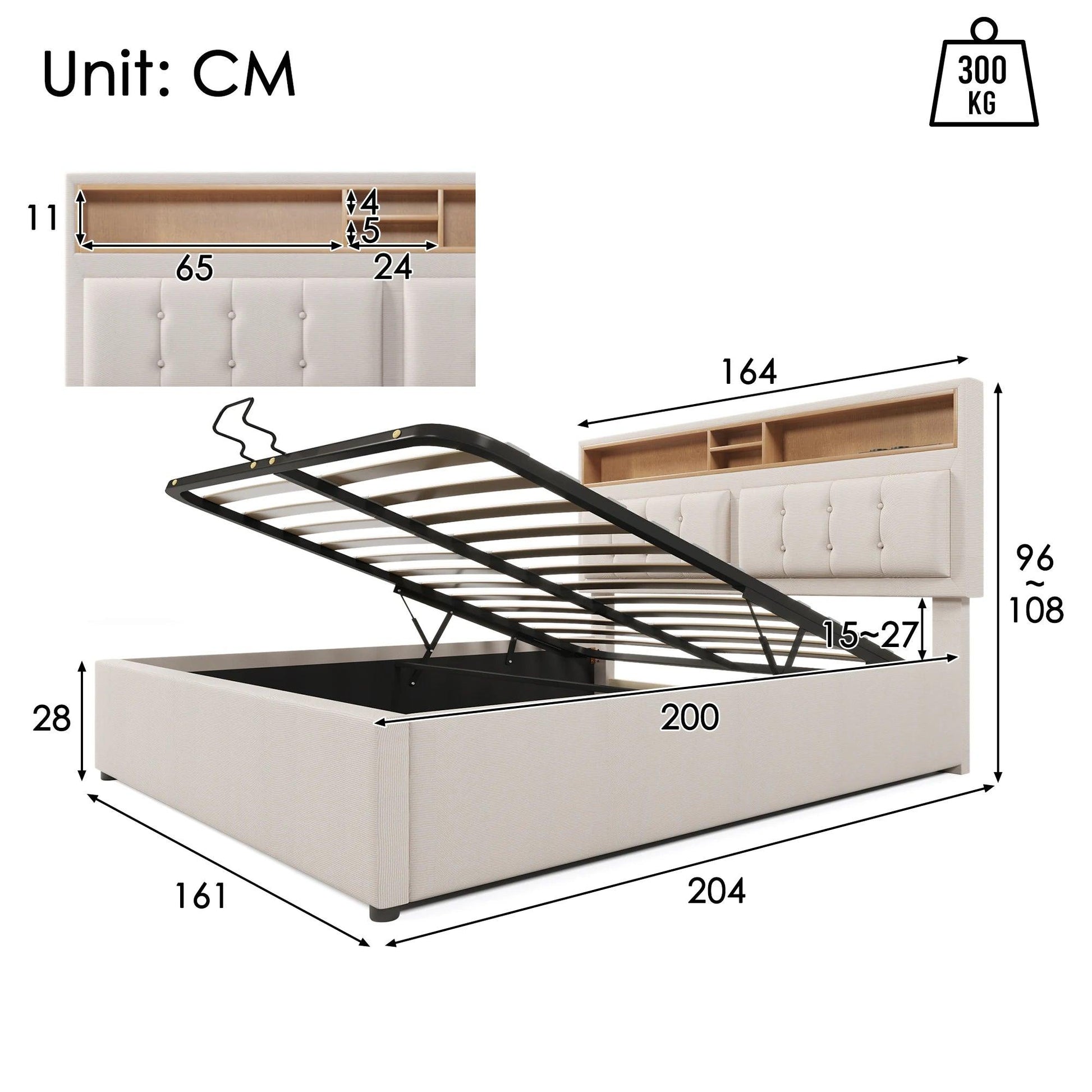 VSOGA 160x200 CM Upholstered Double Bed, Headboard With USB C Socket Charging Function, Storage Space , (mattress Not Included) - Buy Cheaply Furniture