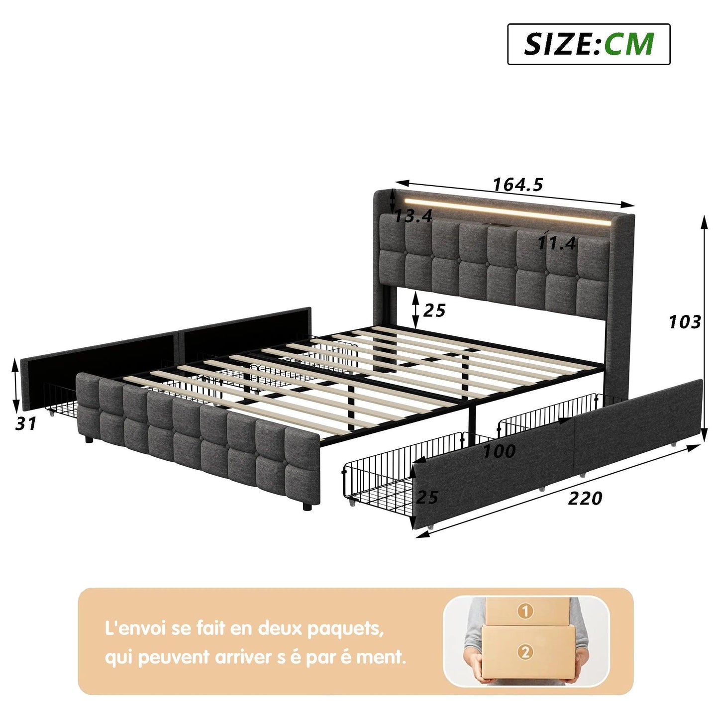 Double Bed 160 x 200 cm upholstered Bed with 4-drawers and Slatted Frame - Buy Cheaply Furniture