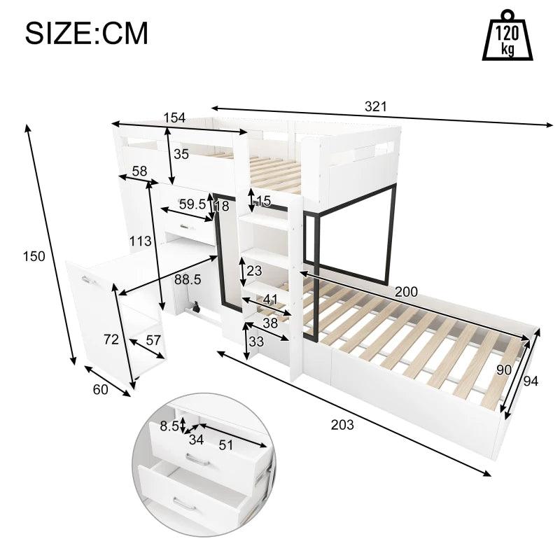 Bunk bed with pull-out desk and wardrobe, Multifunctional cot, Children's bunk bed, With drawer, Shelves, Ladders - Buy Cheaply Furniture