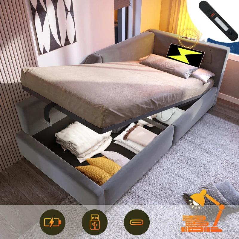 Upholstered bed Daybed 90x190cm, Sofa bed with hydraulic storage, Reading light function and USB-C charging function, Velvet - Buy Cheaply Furniture