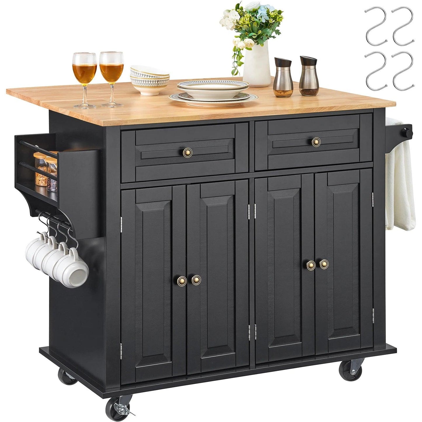 VEVOR 43" Kitchen Island Cart Wood Top Mobile Carts with Storage Cabinet Rolling Table with Drop Leaf Spice Rack Towel Bar Black - Buy Cheaply Furniture