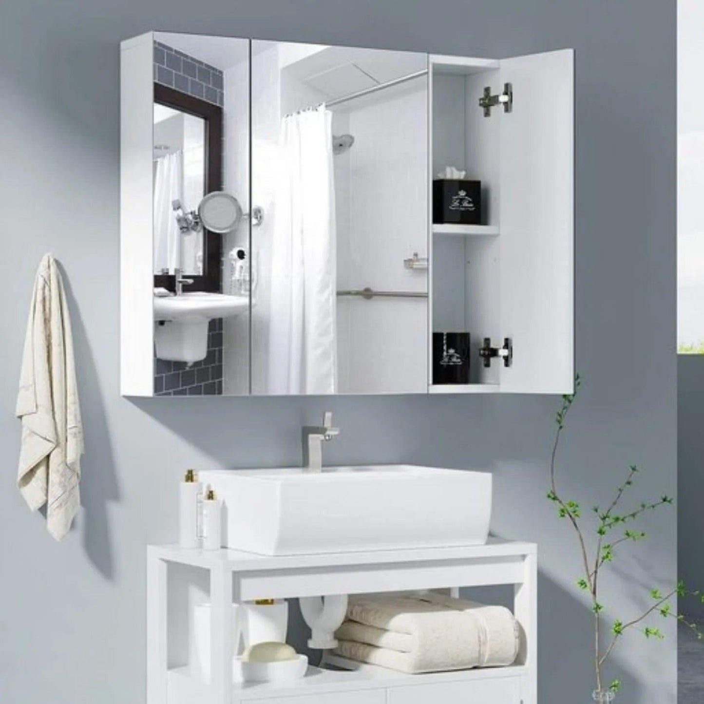 Getone Mirror Cabinet Bathroom Cabinet 3 Doors Bathroom Mirror Cabinet White 70x60x15cm Wood - Buy Cheaply Furniture