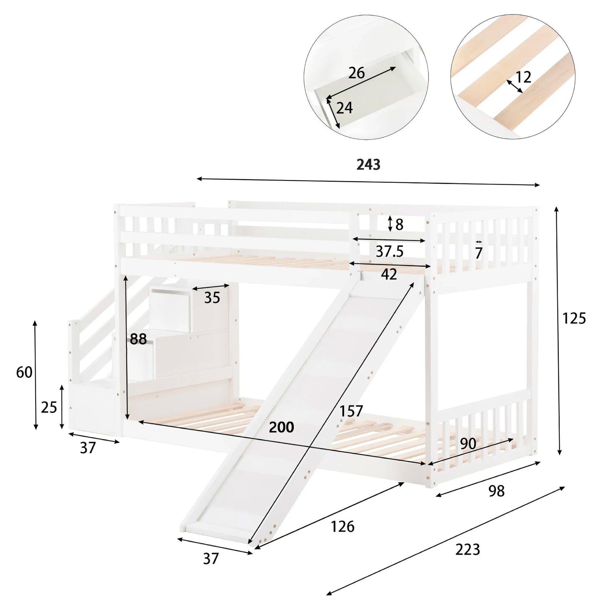 VSOGA Bunk Bed With Stairs And Slide, Solid Pine Frame, Cot With 2 Drawers On The Stairs, 90x200cm - Buy Cheaply Furniture