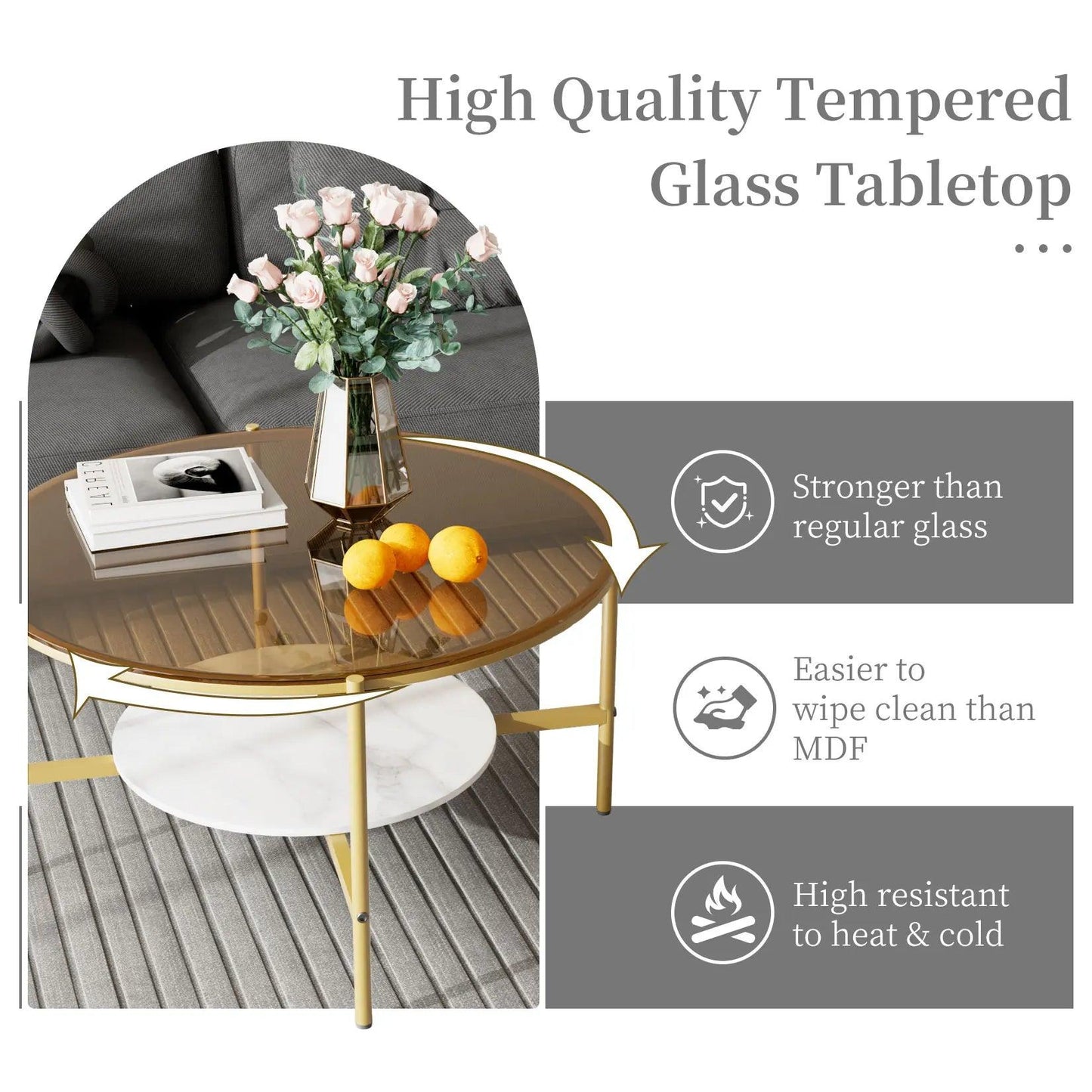 Glossy Glass Coffee Table, Centre Table with Slate Shelf, Minimalist Furniture, Living Room Tea Table, 2 Tier - Buy Cheaply Furniture