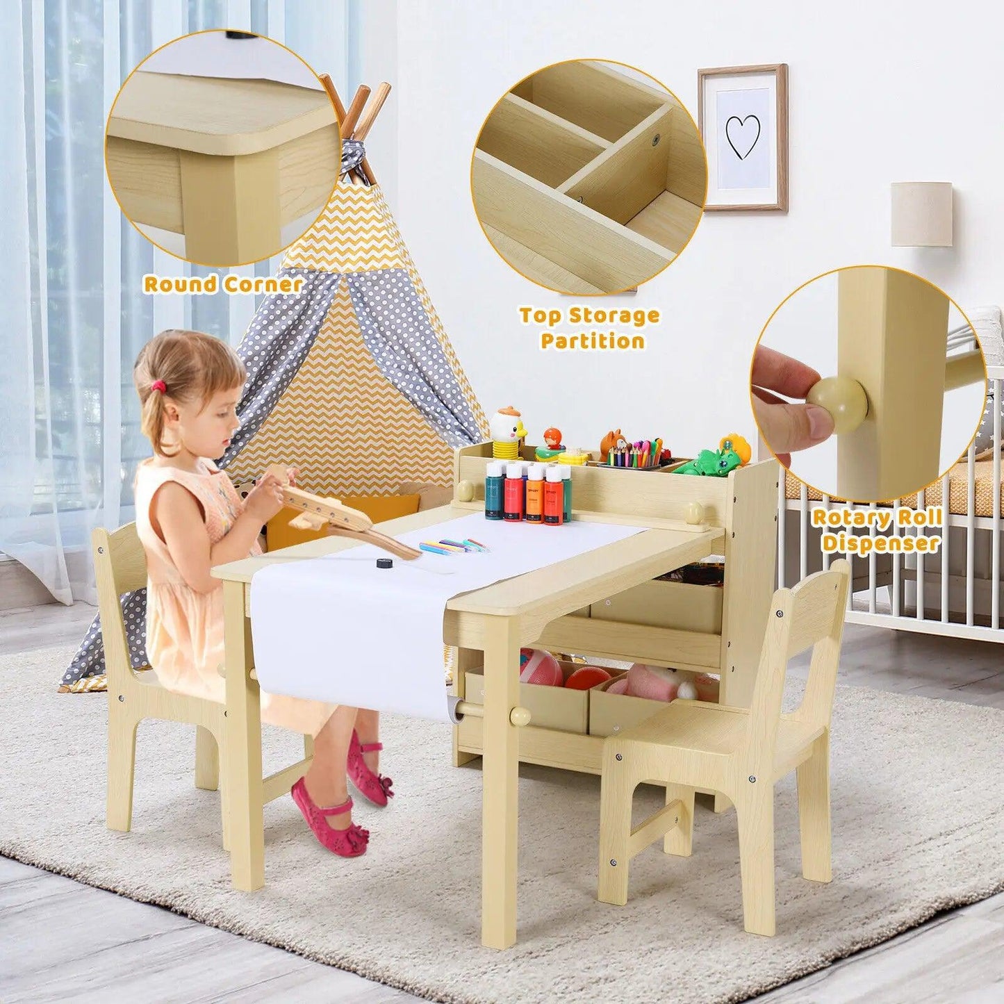 Kids Art Table and Chair Set with 2 Chairs Wooden Craft Table with Storage Shelves, Canvas Bins, Paper Roll, Kids Playroom Table - Buy Cheaply Furniture