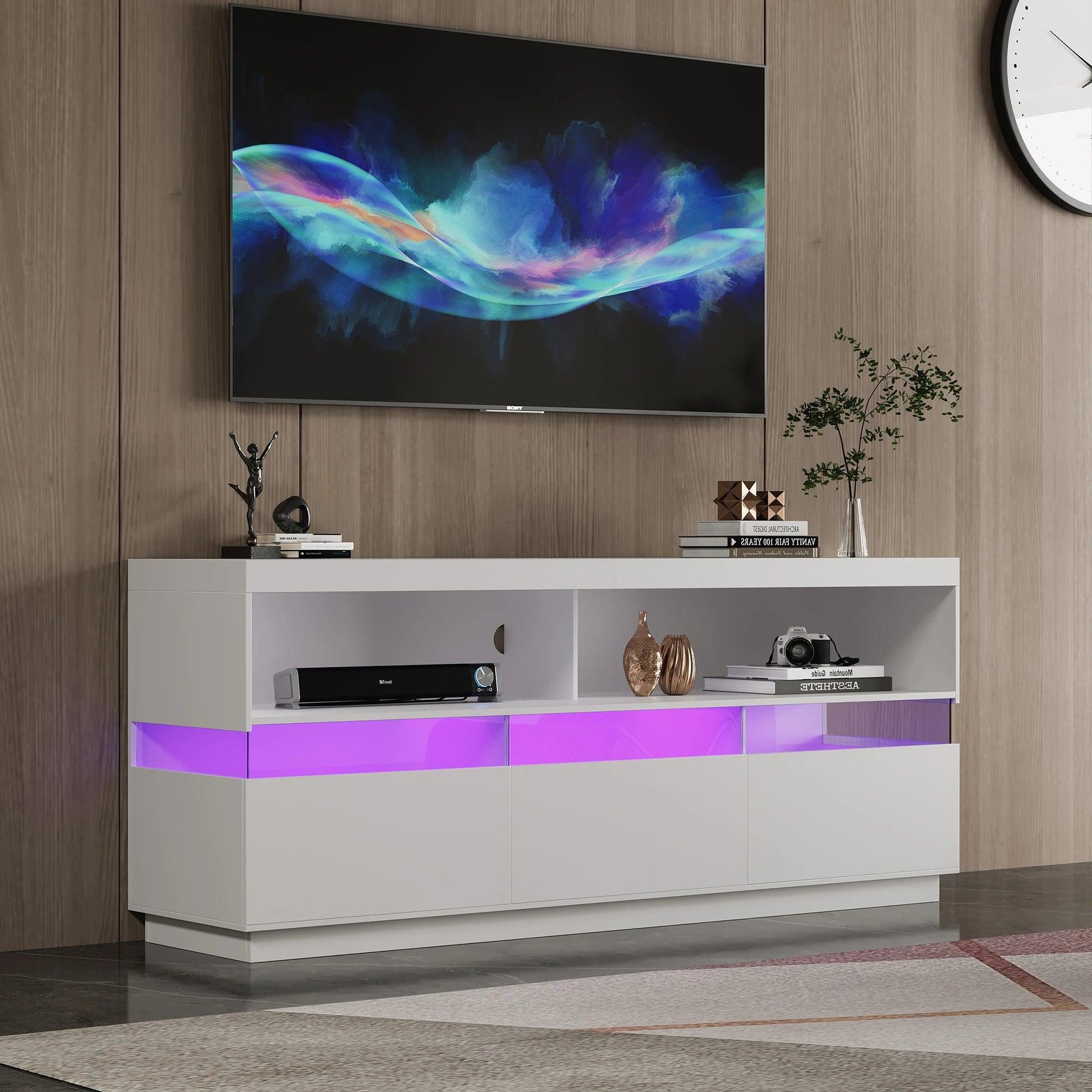 Two-Tier TV Cabinet 147×61×36.5cm ,16 Colors With LED Lighting ,4 Flashing modes and brightness modes,TV stand,White - Buy Cheaply Furniture