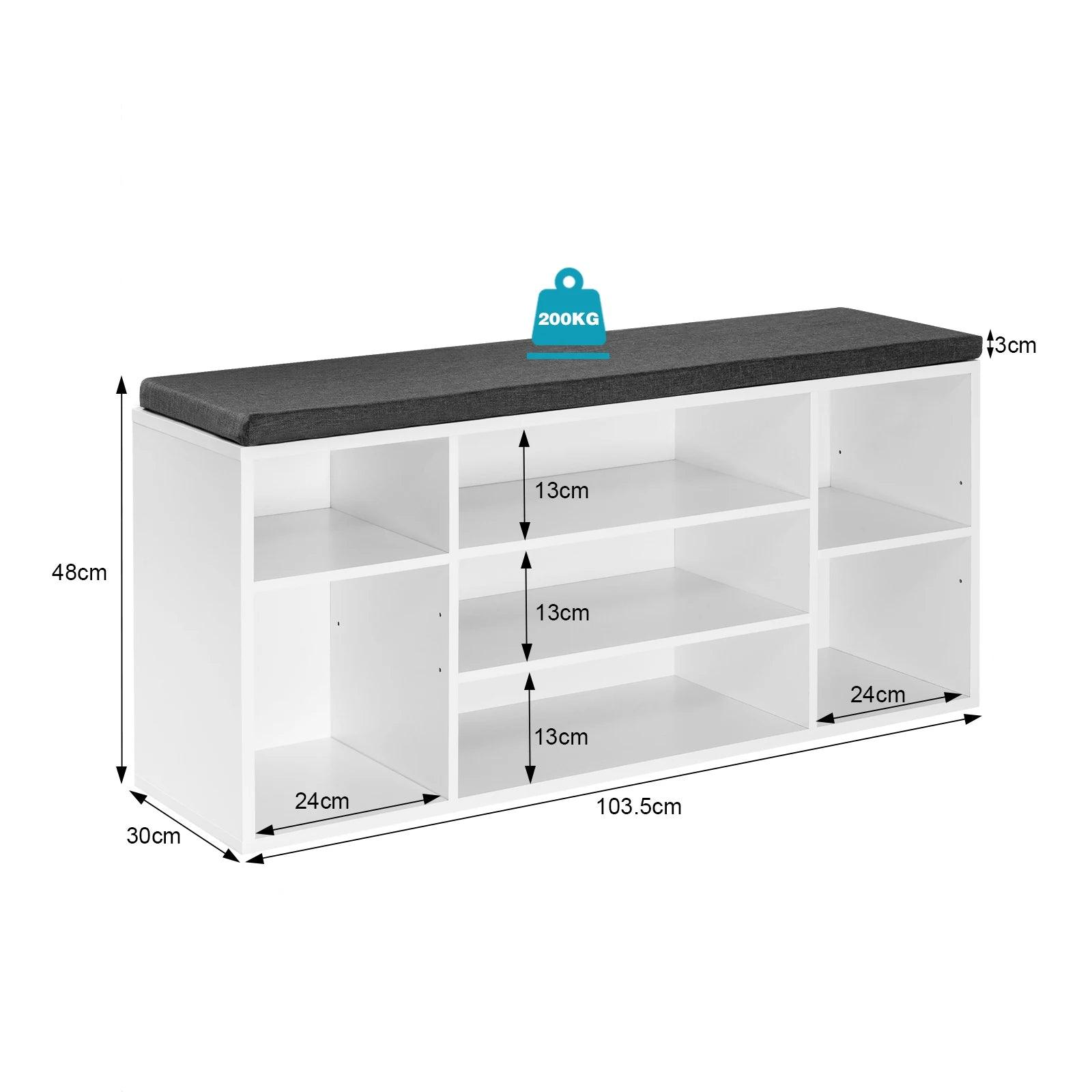 Shoe Storage Bench 103.5x30x48cm Hallway Shoe Cabinet 7 Compartment Freestanding White Chipboard Shelf with Gray Fabric Cushion - Buy Cheaply Furniture