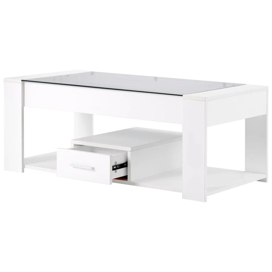 Living room coffee table with glass top, lockers and storage space, white 100 x 50 x 40cm - Buy Cheaply Furniture