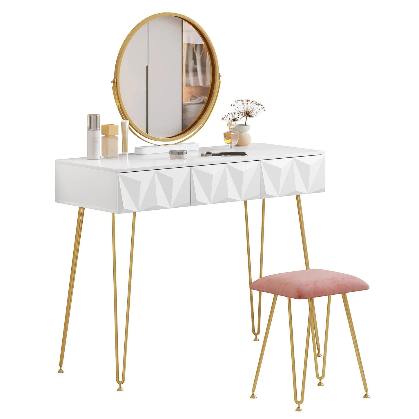 1SET White Gold Dressing Table with 360° Swivel Mirror 3 Drawers 3D Effect Velvet Stool Cosmetic Makeup Vanity Table for Bedroom - Buy Cheaply Furniture