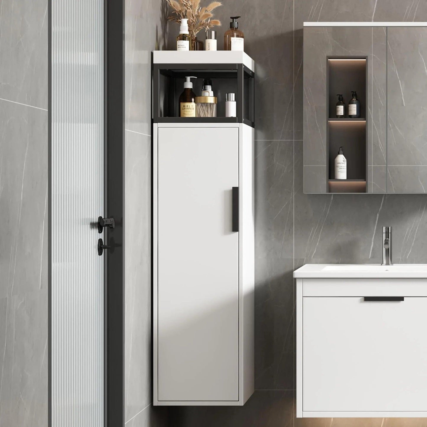 White Wall Mounting Bathroom Cabinet with Storage Compartments, Adjustable Shelves, 30 x 30 x 120 cm - Buy Cheaply Furniture