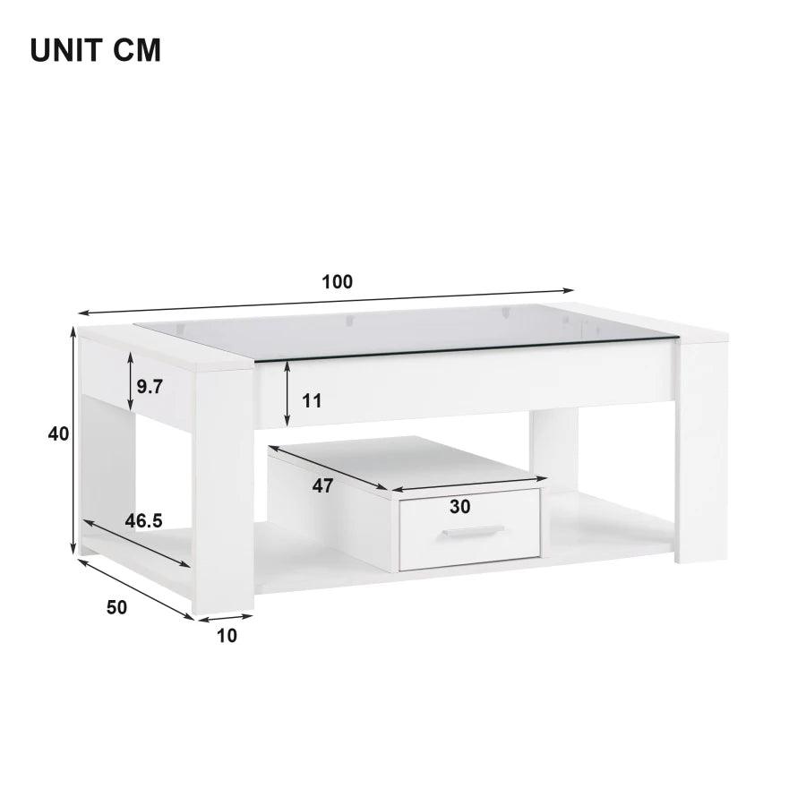 Living room coffee table with glass top, lockers and storage space, white 100 x 50 x 40cm - Buy Cheaply Furniture