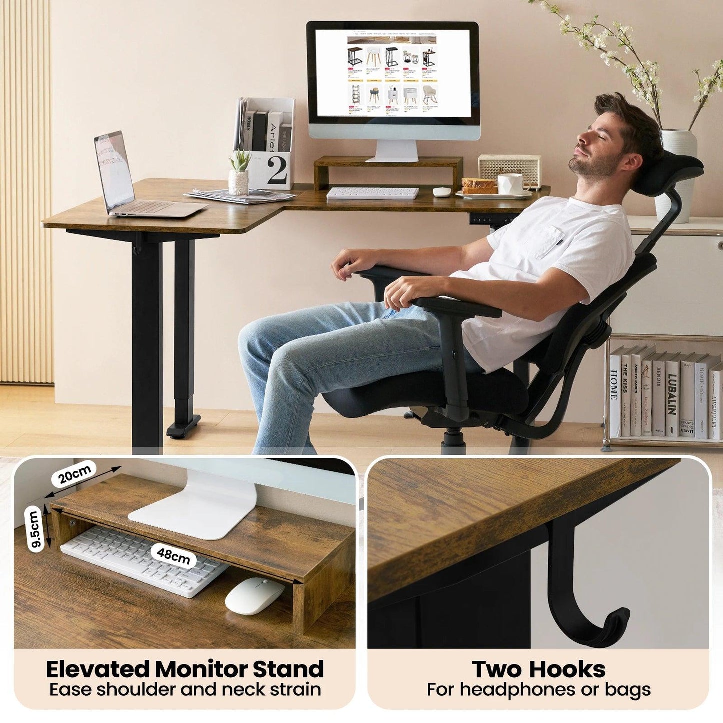 Electric L-shaped Sit Stand Desk Corner Table 140x120cm Height Adjustable Computer Desk with 4 Memory Controls Monitor Stand - Buy Cheaply Furniture