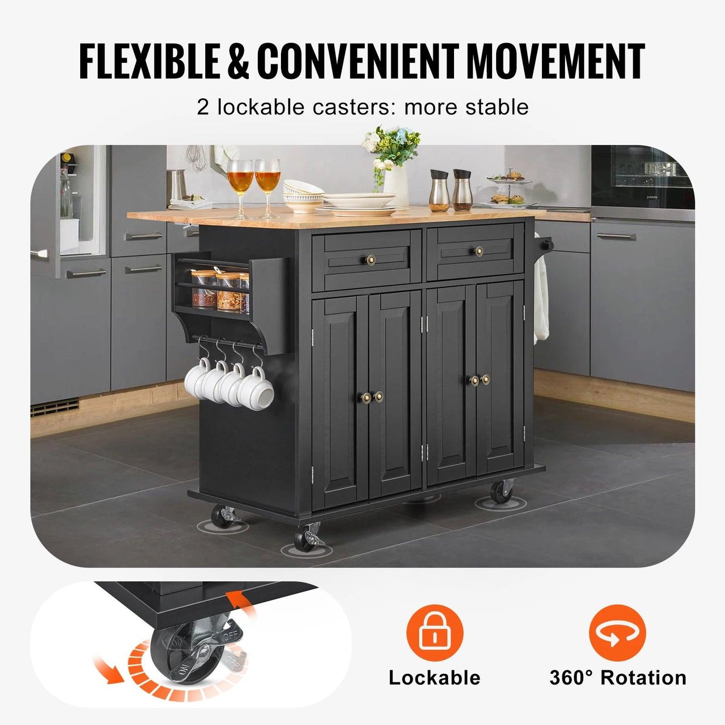 VEVOR 43" Kitchen Island Cart Wood Top Mobile Carts with Storage Cabinet Rolling Table with Drop Leaf Spice Rack Towel Bar Black - Buy Cheaply Furniture