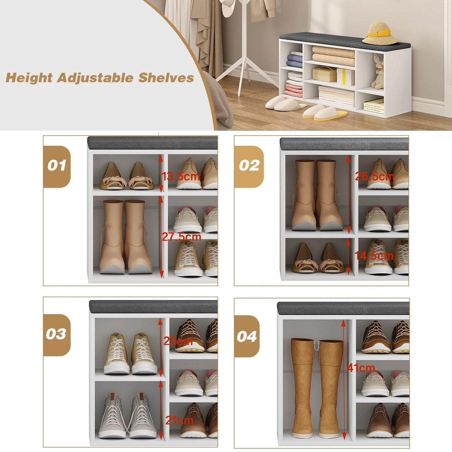 Shoe Storage Bench 103.5x30x48cm Hallway Shoe Cabinet 7 Compartment Freestanding White Chipboard Shelf with Gray Fabric Cushion - Buy Cheaply Furniture