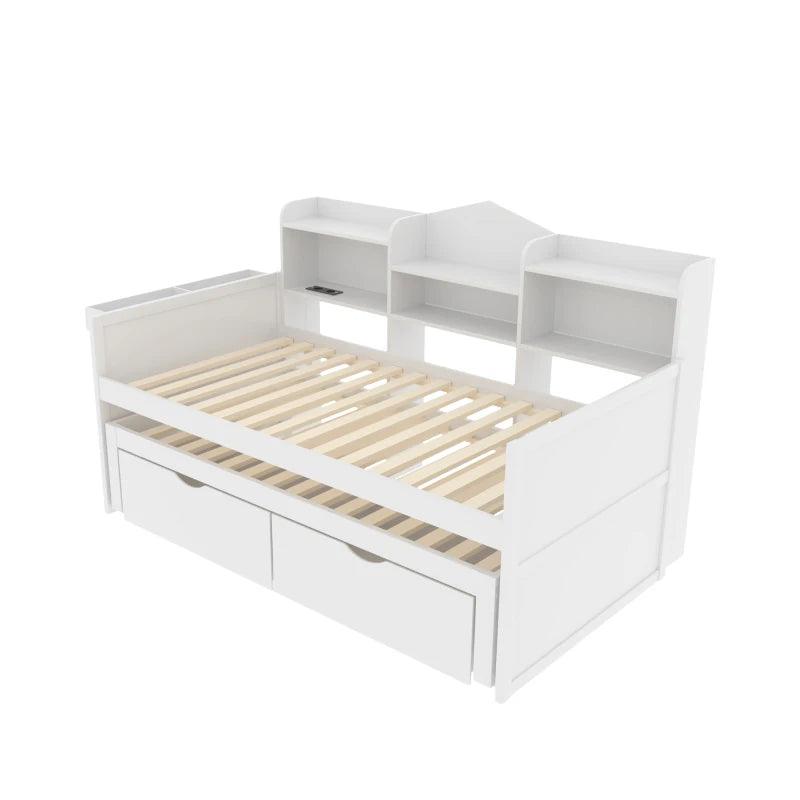 Sofa bed 90*200, pull-out bed 90*190 with two drawers, large storage compartment and storage basket, USB socket, single wood bed - Buy Cheaply Furniture