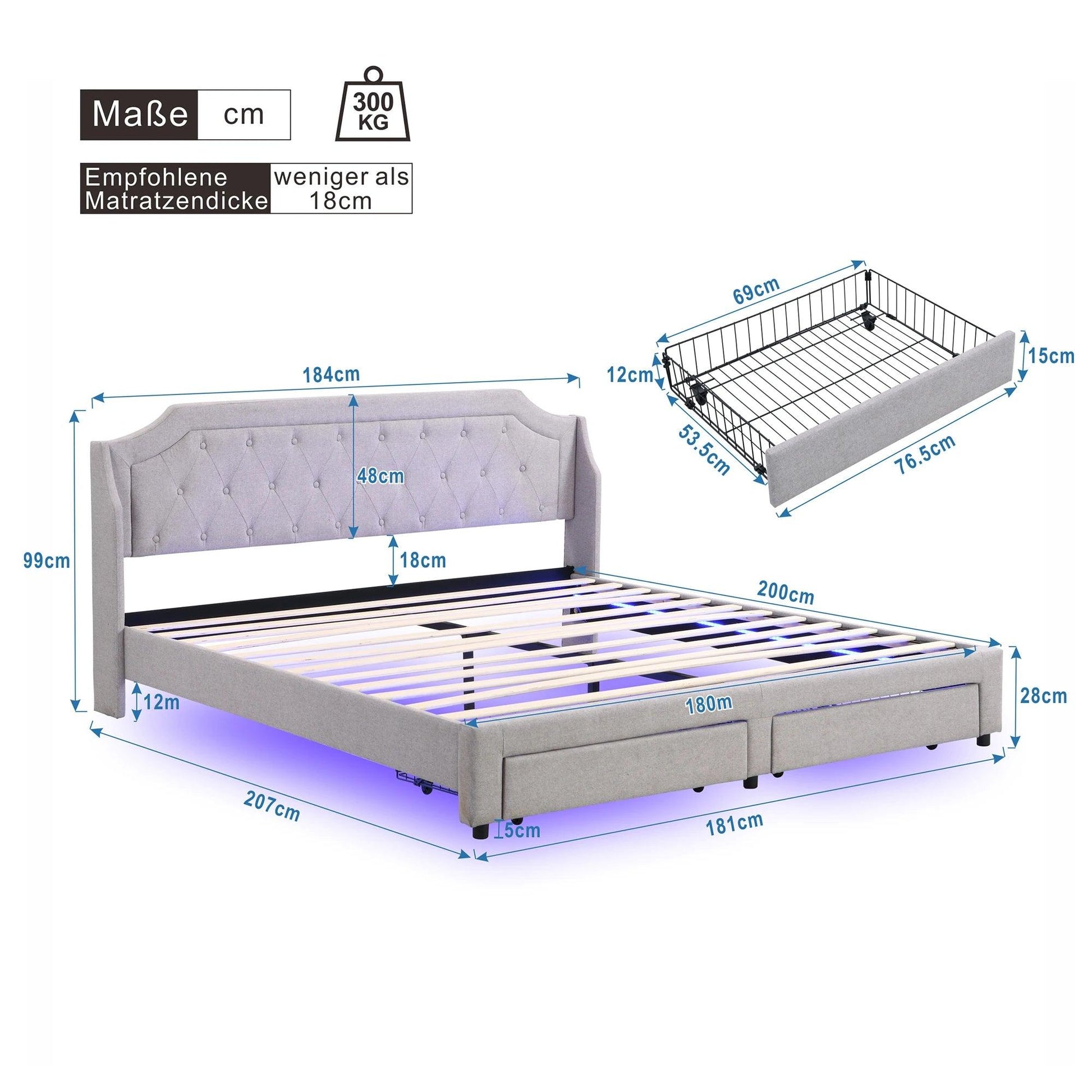 Upholstery bed 180x200 with slatted frame and 2 drawers, LED bed, linen, Gray, (Without mattress) - Buy Cheaply Furniture