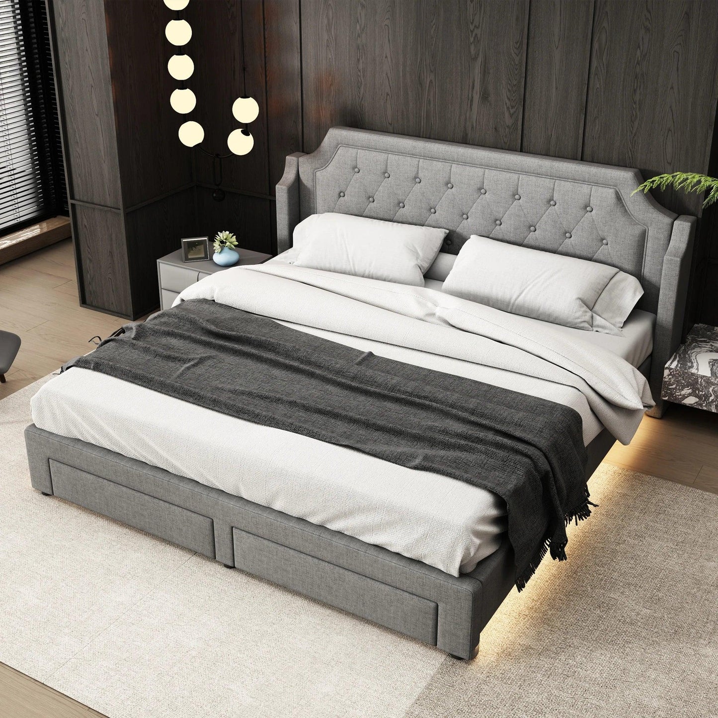 Upholstery bed 180x200 with slatted frame and 2 drawers, LED bed, linen, Gray, (Without mattress) - Buy Cheaply Furniture