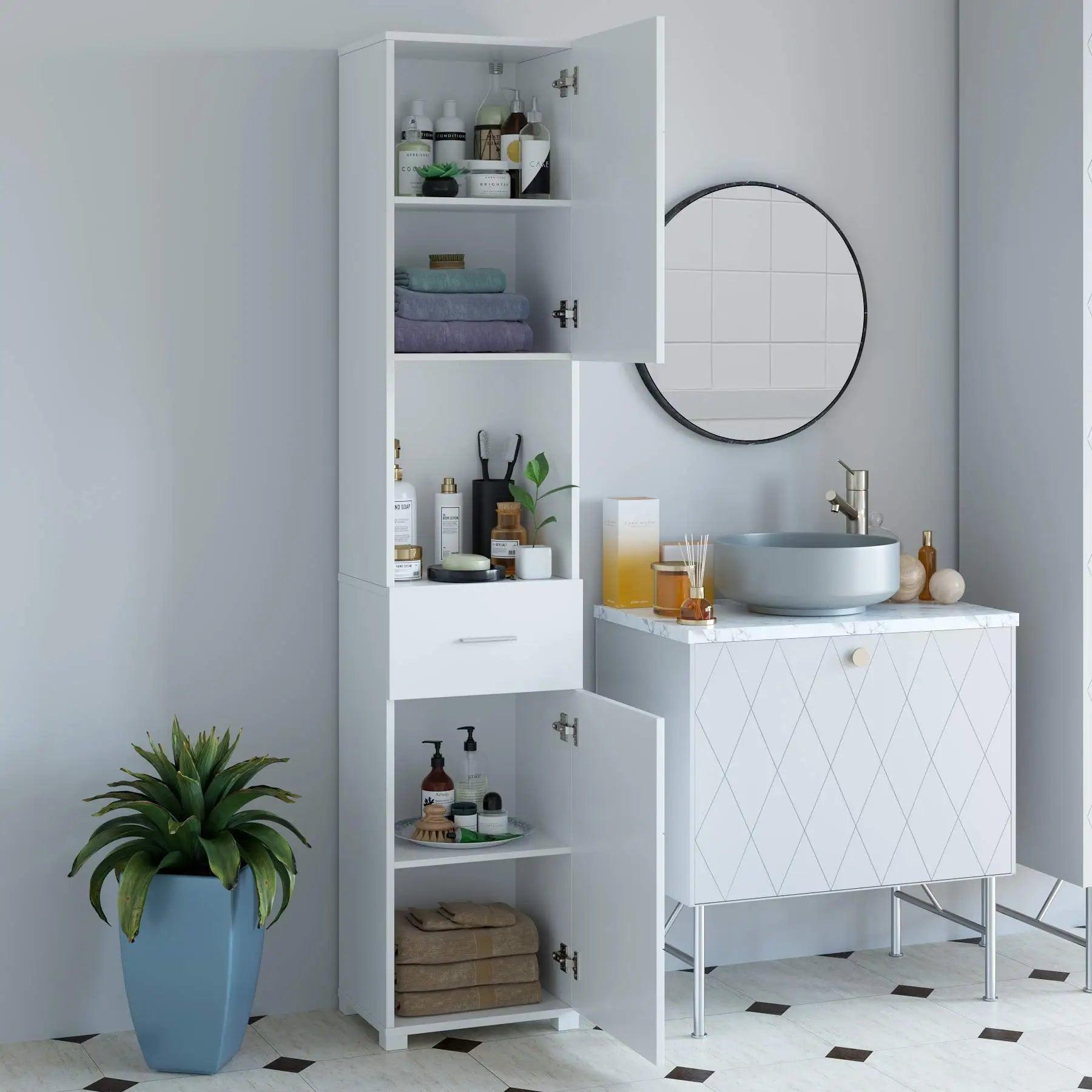 Getone Tall Bathroom Cabinet, Bathroom Storage Unit, Freestanding Cupboard, Slim Tallboy with Drawer and 2 Doors, White Wooden 37x30x180cm - Buy Cheaply Furniture