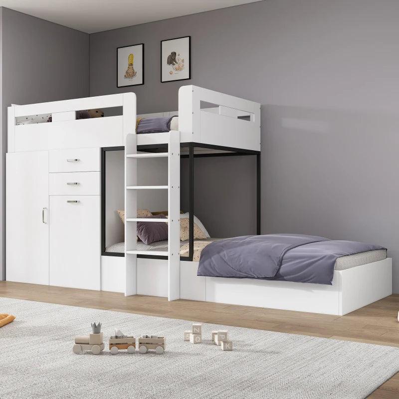 Bunk bed with pull-out desk and wardrobe, Multifunctional cot, Children's bunk bed, With drawer, Shelves, Ladders - Buy Cheaply Furniture