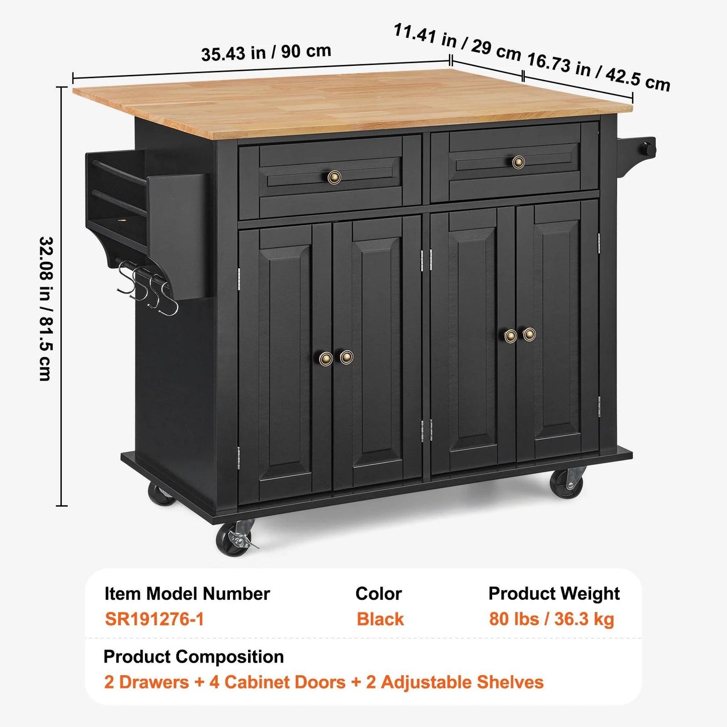 VEVOR 43" Kitchen Island Cart Wood Top Mobile Carts with Storage Cabinet Rolling Table with Drop Leaf Spice Rack Towel Bar Black - Buy Cheaply Furniture