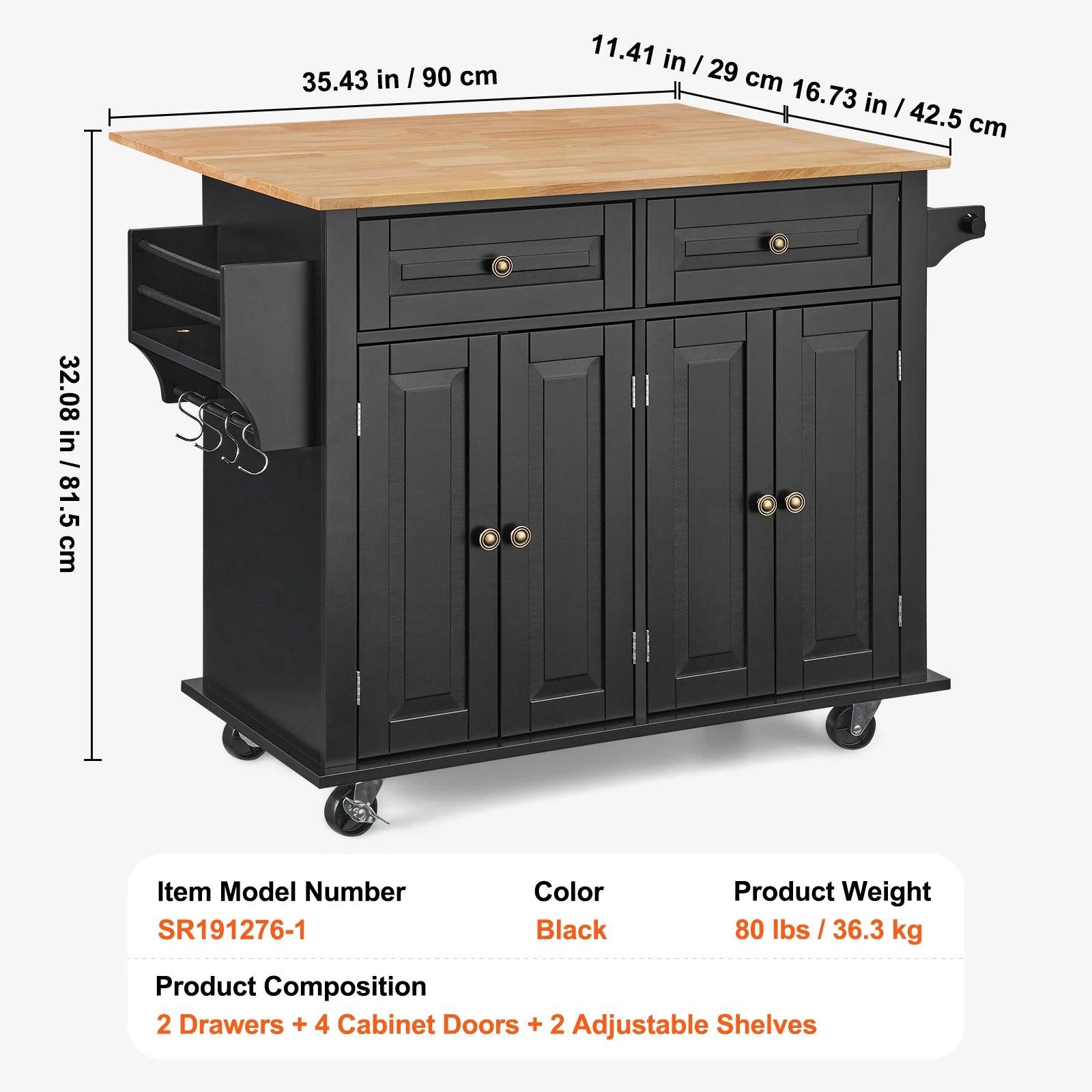 VEVOR 43" Kitchen Island Cart Wood Top Mobile Carts with Storage Cabinet Rolling Table with Drop Leaf Spice Rack Towel Bar Black - Buy Cheaply Furniture