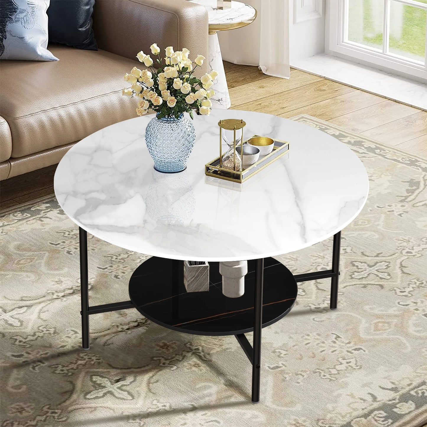 32" Heavy Duty Marble Coffee Table Large 2 Tier Round Sofa Side End Table Nightstand Open Storage Living Room Center Table Decor - Buy Cheaply Furniture