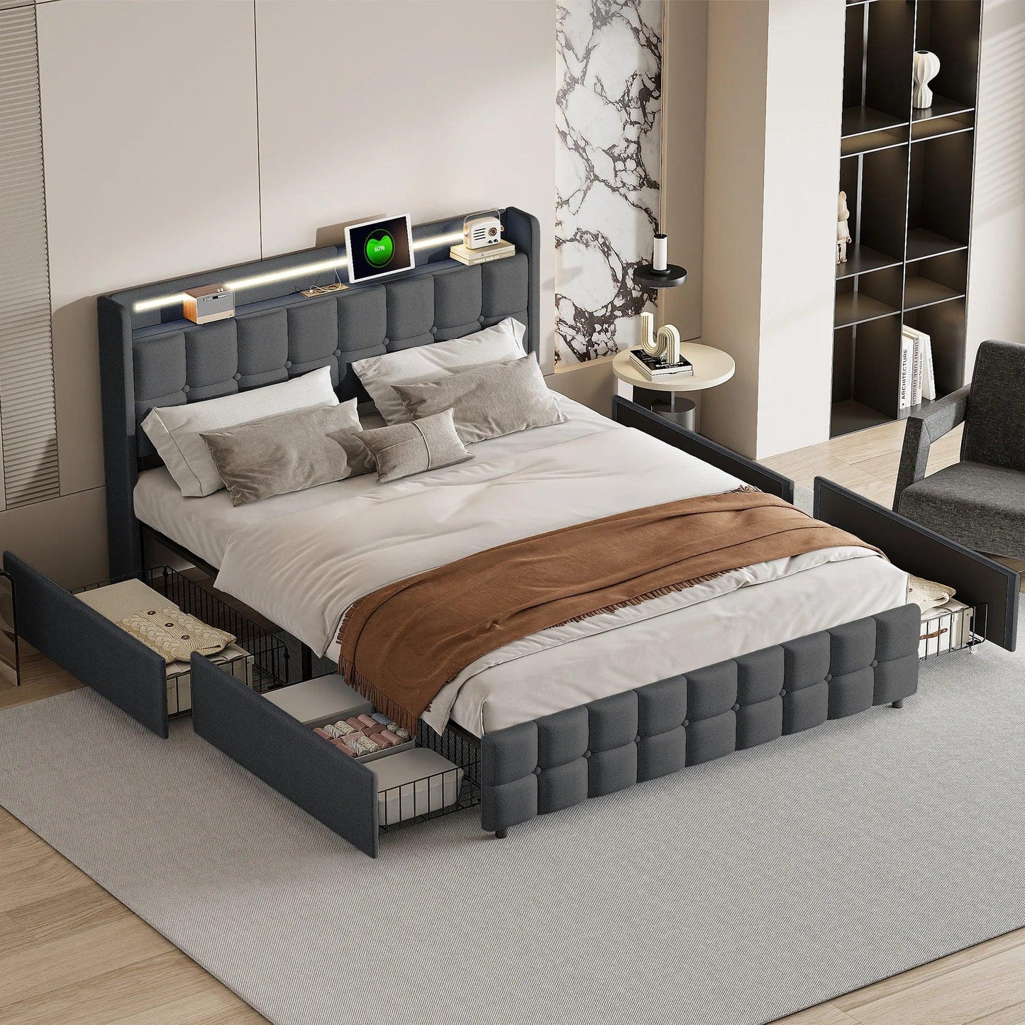 Double Bed 160 x 200 cm upholstered Bed with 4-drawers and Slatted Frame - Buy Cheaply Furniture