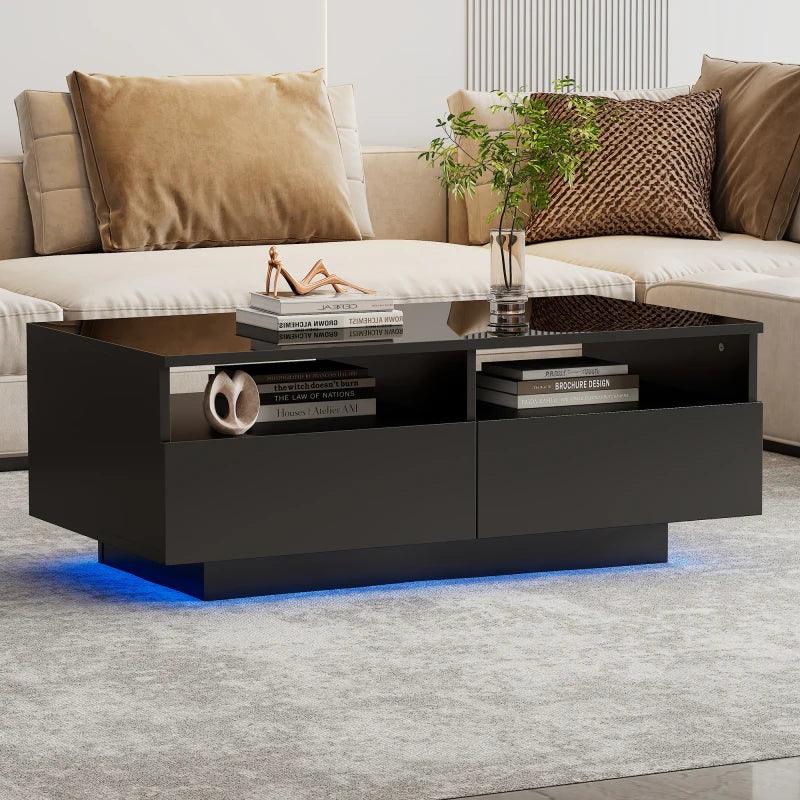 LED High Gloss Coffee Table with 2 Drawers, Sofa Table, Living Room Table,Modern Center Table with 16 Colors LED Lights ，USB - Buy Cheaply Furniture